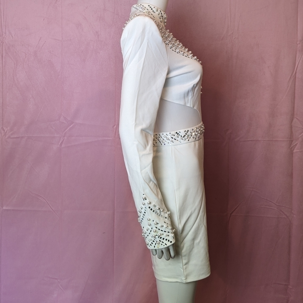 Banjul White Long Sleeve Mesh Insert Pearl Embellished Mini Dress Shoulder Large - Picture 4 of 10